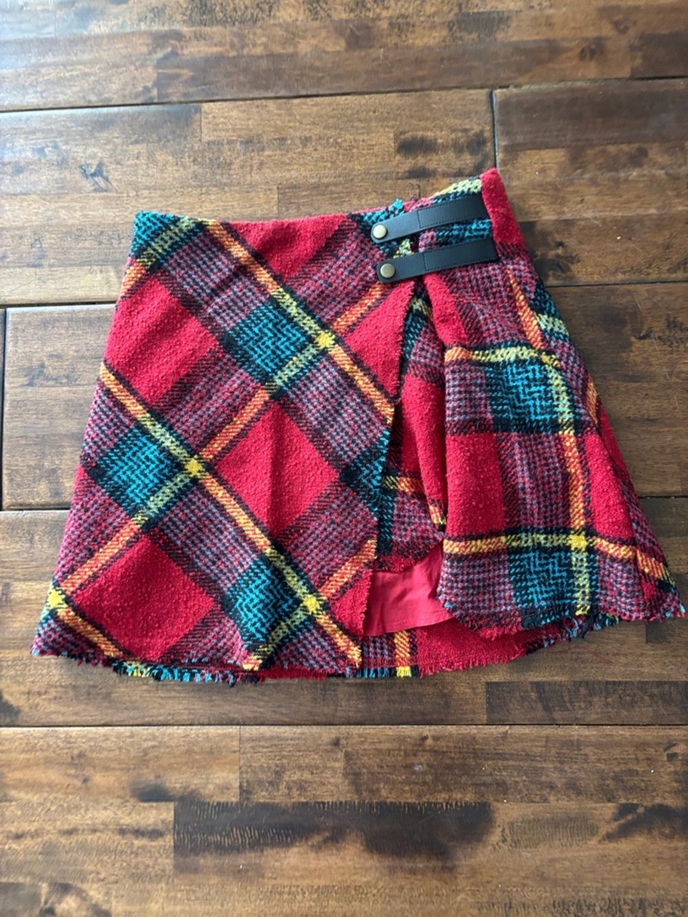 Urban Outfitters Red Plaid Wrap Mini Skirt with Teal & Yellow Accents